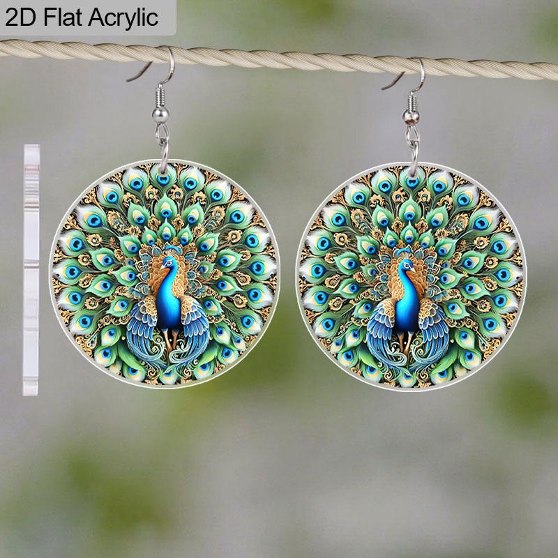 2D Flat Acrylic Diwali Green Peacock Feather Drop Earrings, A Festive Gift for Women, Perfect for Holiday Parties and Decorative Jewelry.