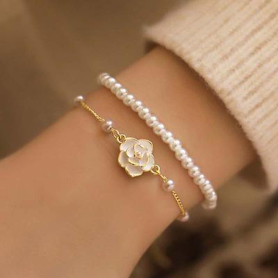 Vintage White Camellia Flower Bracelets For Women Elegant Double Layer Simulated Pearl Beads Chain Bracelet Jewelry 2025 Trend