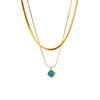 Gold Plated Stainless Steel Double Layer Snake Chain Necklace with Turquoise Pendant for Women