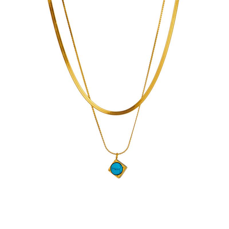 Gold Plated Stainless Steel Double Layer Snake Chain Necklace with Turquoise Pendant for Women