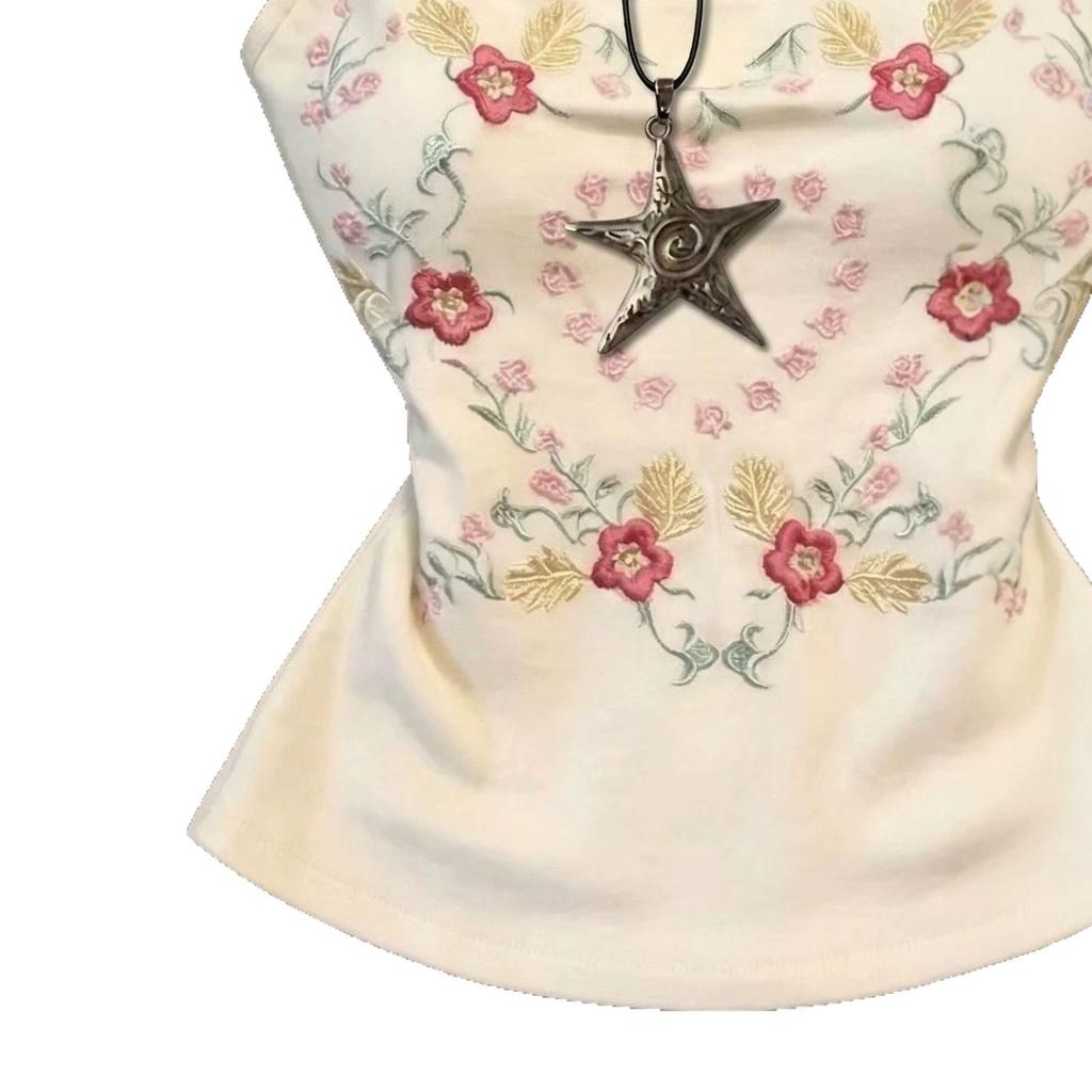 French retro flower embroidered bow strap sling vest women's summer new temperament age-reducing slim-fit top