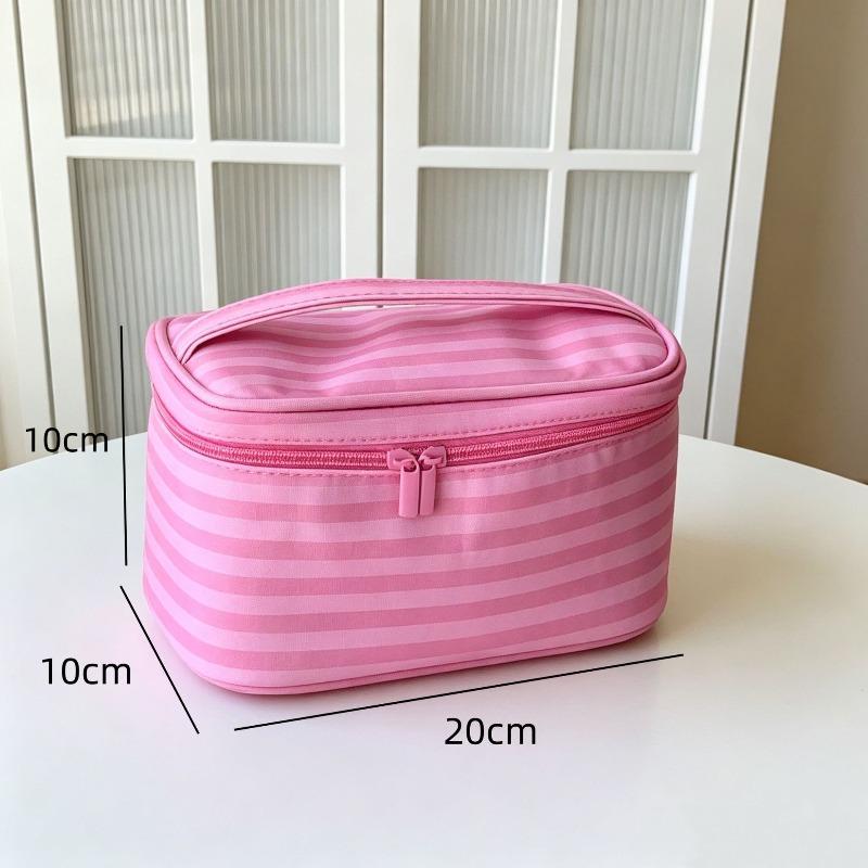 Pink Striped Large Capacity Portable Travel Makeup Bag with Mirror Hand Held Toiletry Organizer Pouch for Women Female Gift