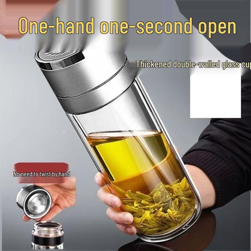 Durable Double-Capacity Glass Cup with One-Key Open & Tea-Water Separation for Easy Brewing
