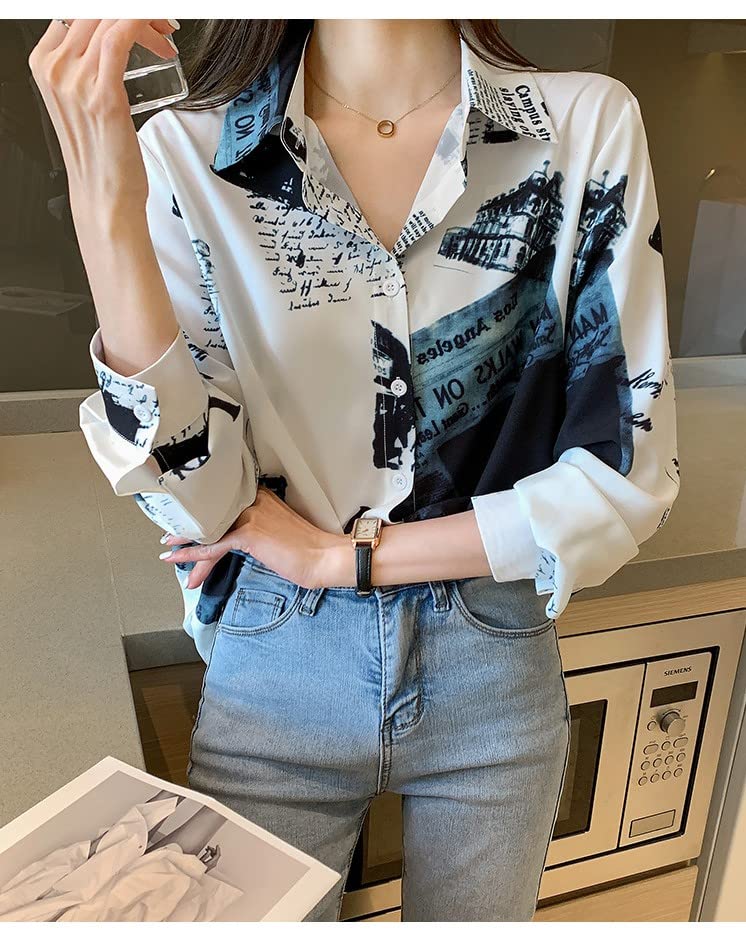 Fairy Stone Long Sleeve Chiffon Blouse with Letter Size Women's Print, V-Neck, Casual/Formal, B-24 (White, M)