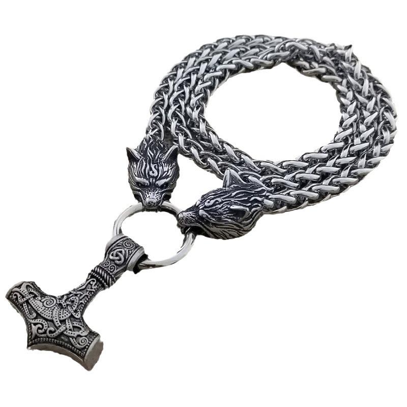Nordische Wikinger Thors Hammer & Wolfskopf Herren Halskette - Schmuck im norwegischen Stil
