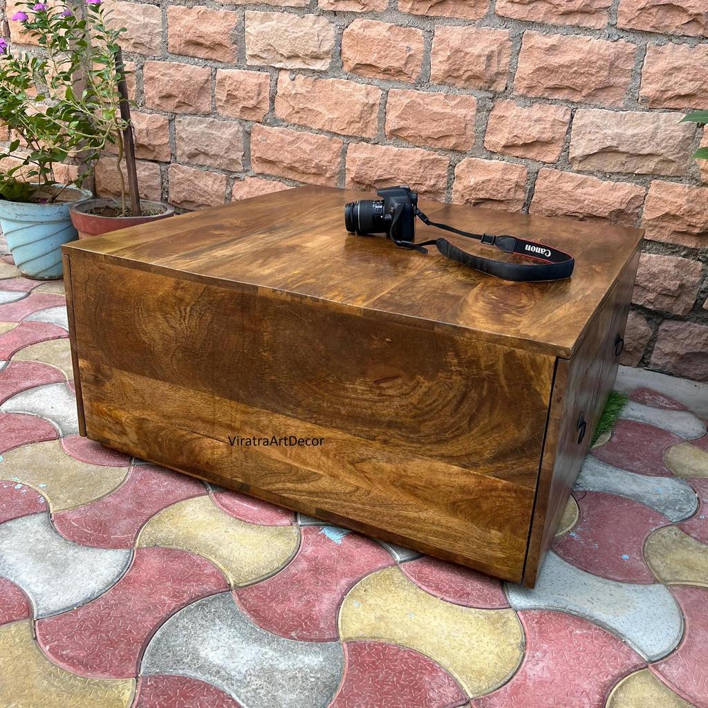 Wooden Central Side Desk Drawer Coffee Table | Indian Bedside Nightstand Bedroom Furniture | Solid Wood with Hidden Storage | Center table