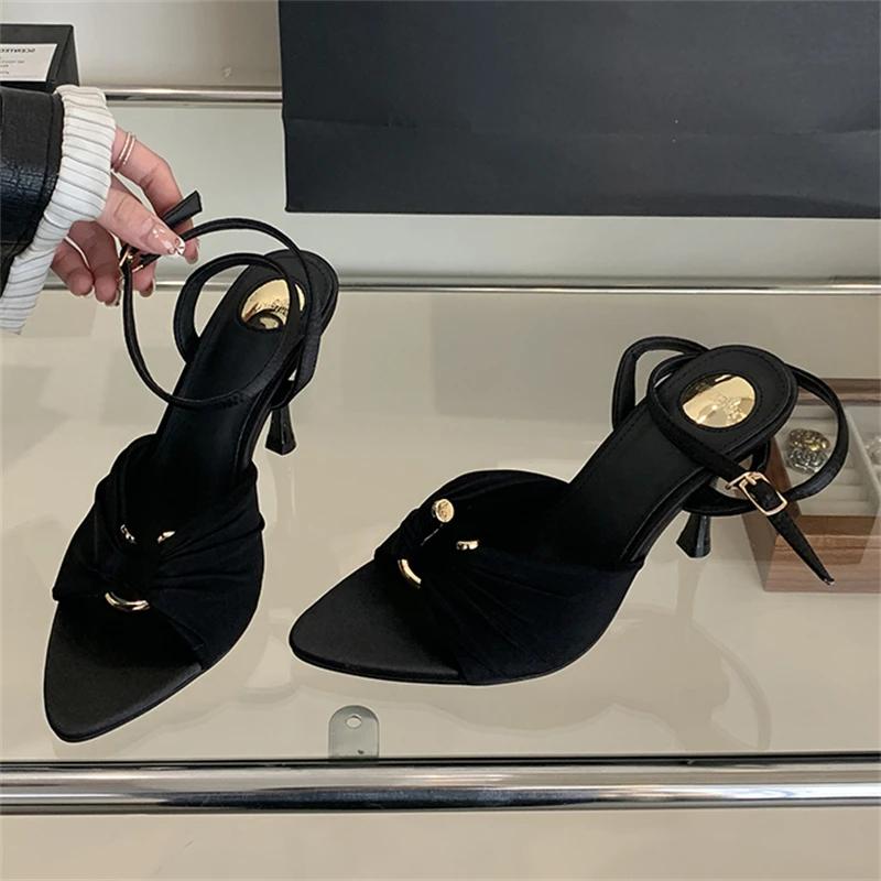 Fashion Brand High Heel Sandals Summer Pointed Toe Women Shoes Fashion Metal Buckle Strap Women Sandals Banquet Party Female Mules Shoes