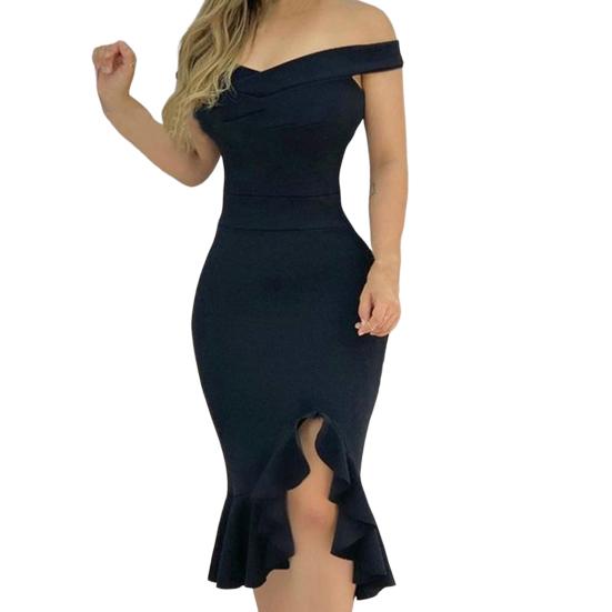 

Женское платье для выпускного вечера однотонное с оборками и разрезом, с открытыми плечами, без рукавов, нарядное, приталенное XL чёрный