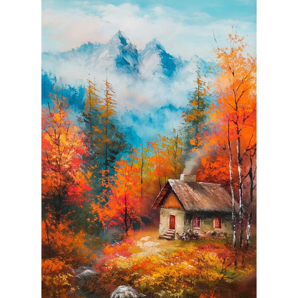 Eichenbaum Kunst Ruhige Berg Herbstwald Hütte Landschaft Schmetterling Poster Leinwanddruck Wandkunst Zimmer Heimdekor Geschenk