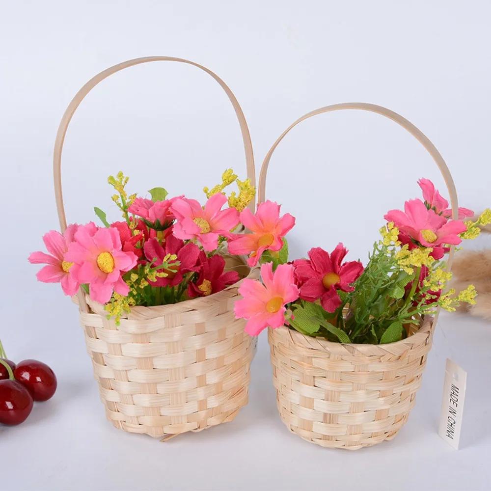 New Handmade Storage Basket Kitchen Accessories Durable Rattan Fruit Basket Multifunction Long Handle Bamboo Flower Basket