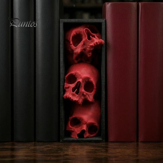 Dark Fantasy Wohnaccessoires 3 Stück Halloween 3-stufige Totenkopf-Buchstützen, Gotische Harz-Regaldekoration für Büro, Einzigartige Buchstopper Spukiges Skelett