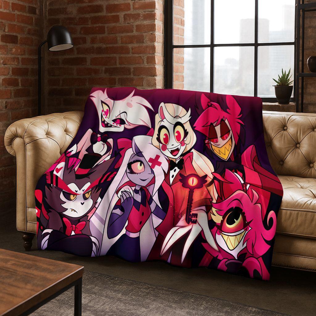 3D H-Helluva Boss Blitzo H-Hazbin Hotel Cartoon Flannel Blanket,Cozy Soft Throw Blanket for Home Bedroom Bed Sofa Cover Gift Kid