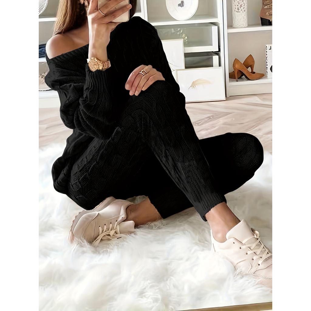 Conjunto de duas peças de malha sólida combinando, suéter casual de manga comprida e calças, roupas femininas