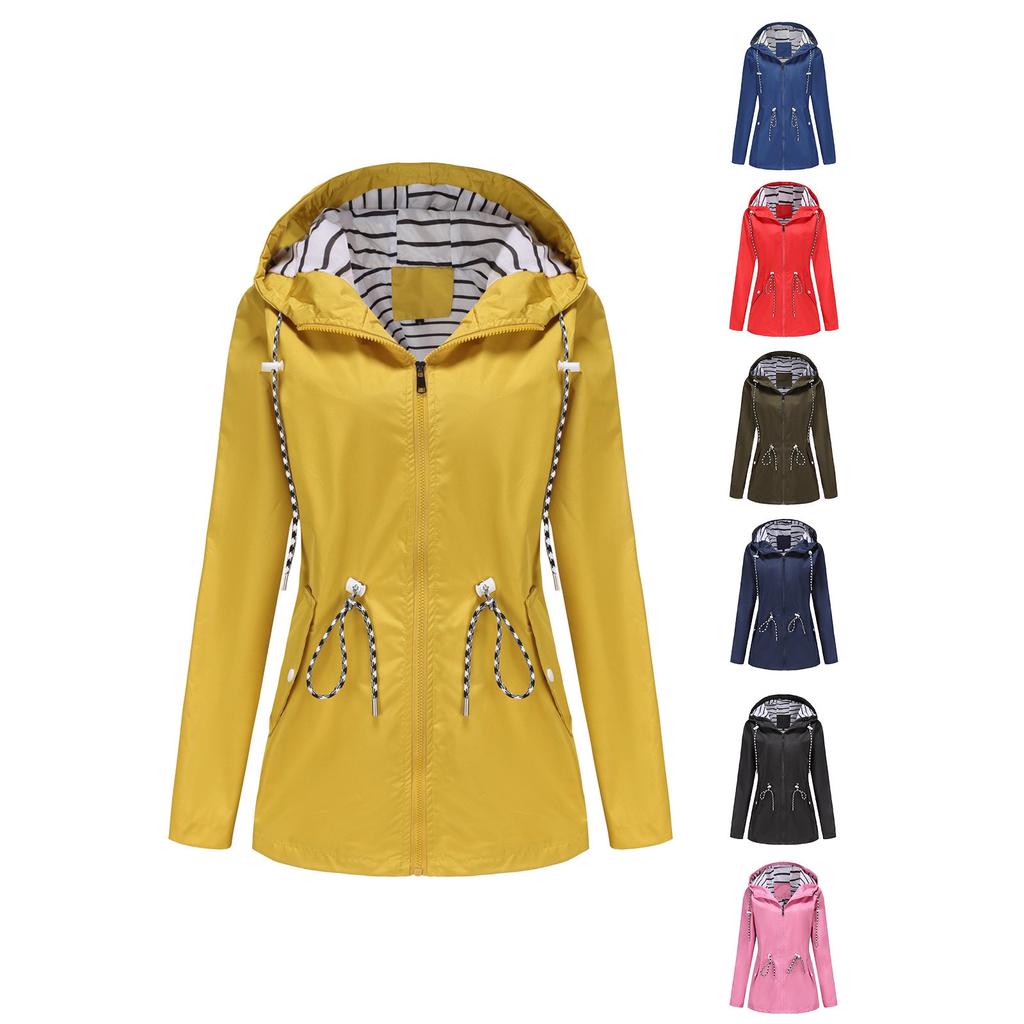 Women's Long Sleeve Hooded Jacket Drawstring Loose Fit Casual Windbreaker Raincoat Outerwear