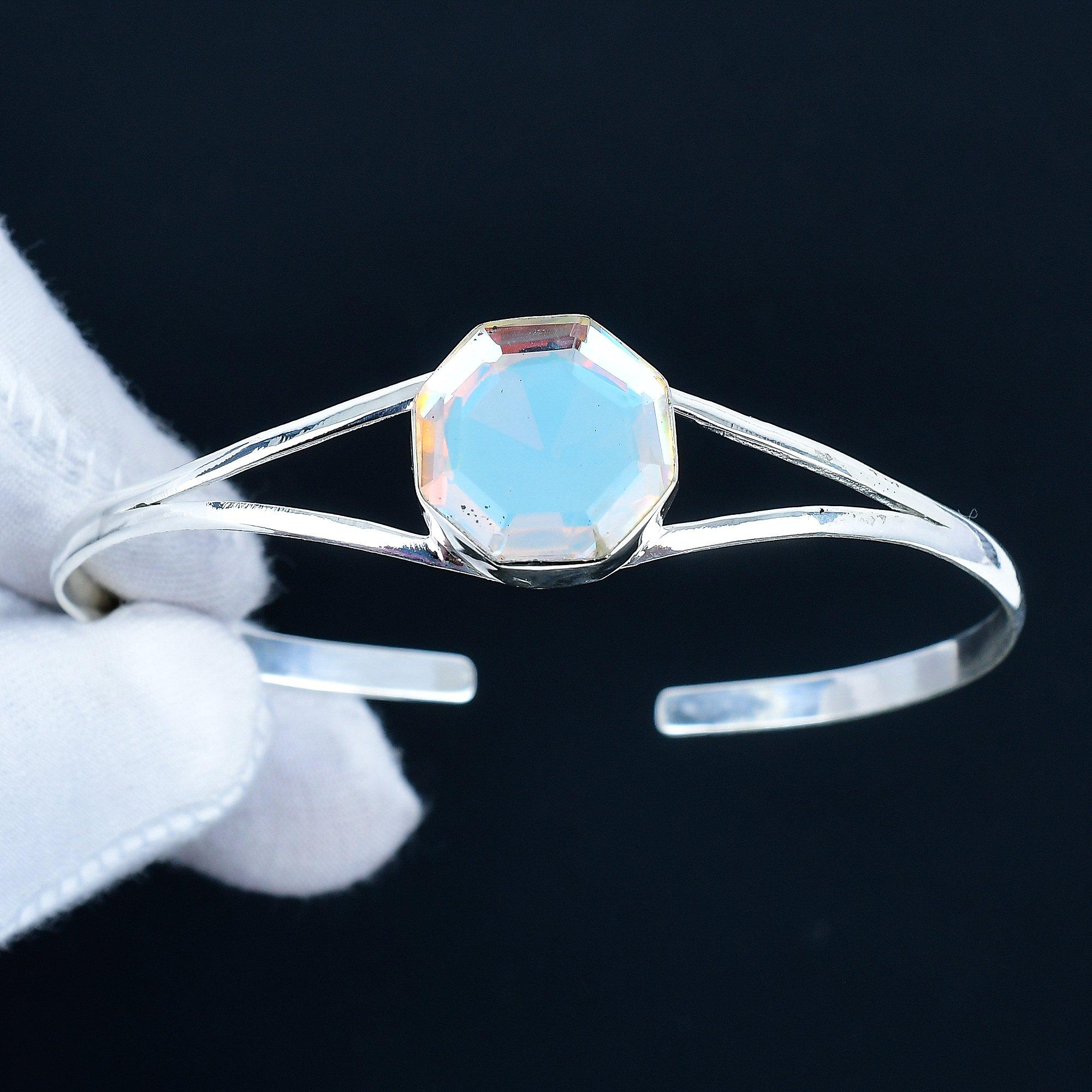 

Мистический Топаз Шестиугольник Драгоценный камень Ручной работы Манжета Браслет из стерлингового серебра 925 пробы, Браслет с мистическим топазом для жены, Унисекс браслет для подарка 7 белый