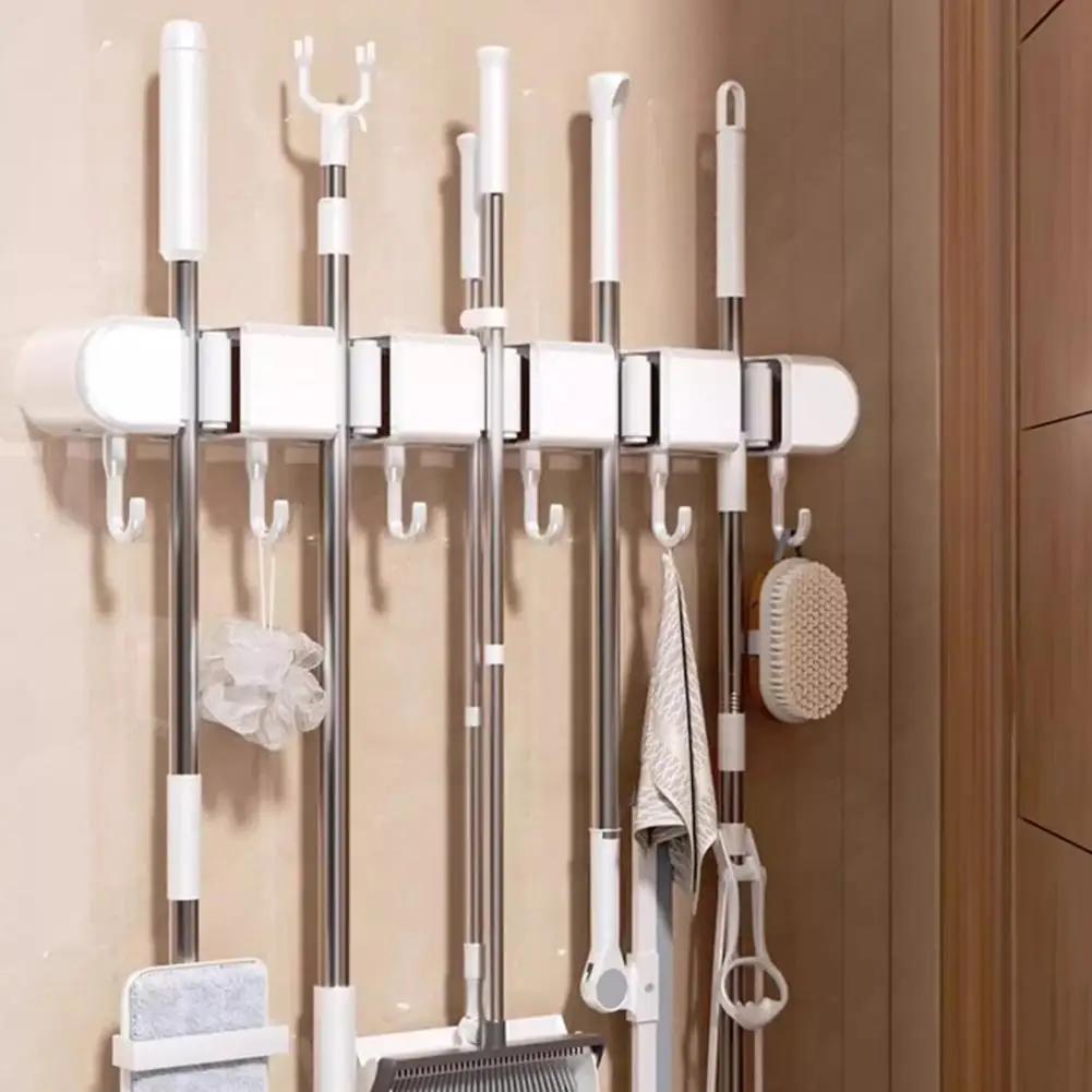 Broom Mop Holder With Hooks Wall Mounted Broom Storage No Multifunction Organizer Rack Holder Kitchens Self-Adhesive Drilli X1P3