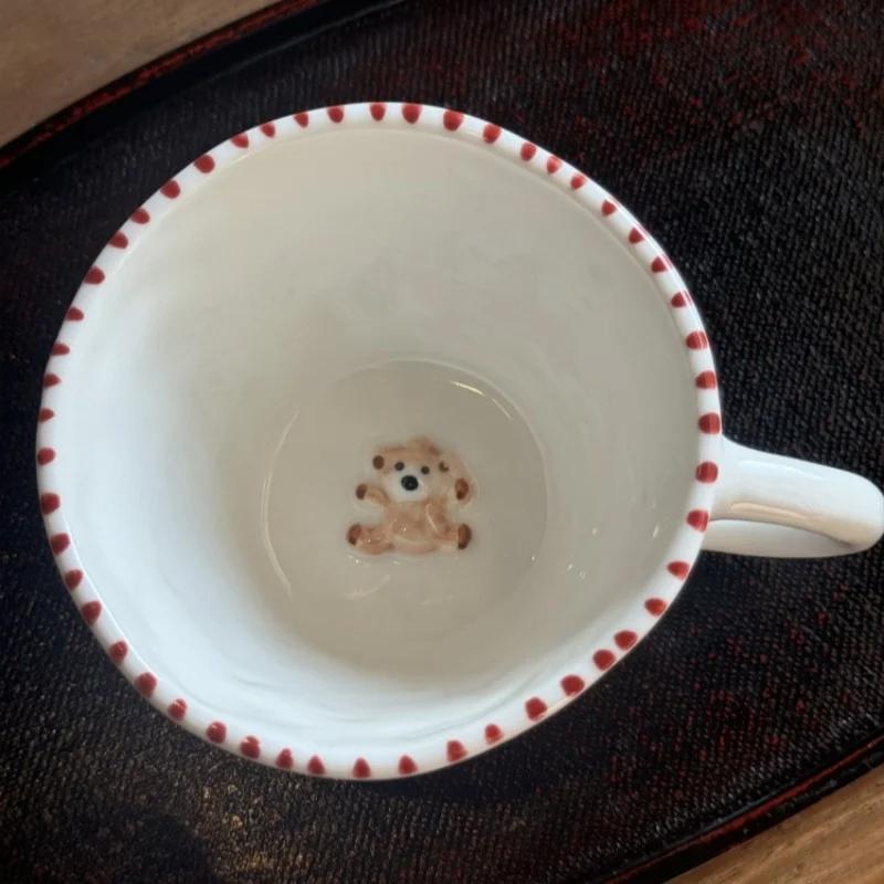 Ceramic Mugs Hand Pinched Irregular Bear Pattern Milk Tea Cup Letter Waffle Croissant Oatmeal Breakfast Mug for Friends Gift