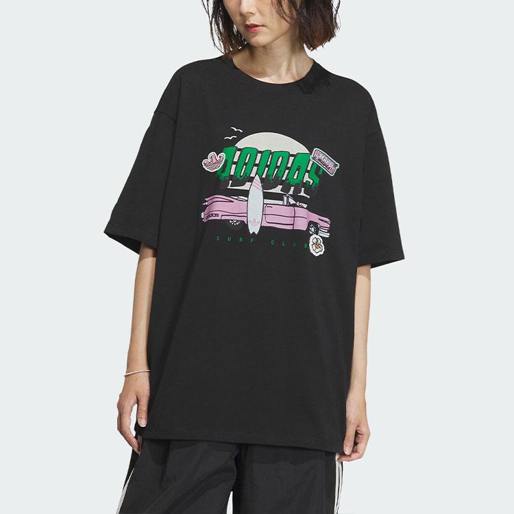 Adidas Originals Anime Print Casual Loose Fit Crew Neck Knit Short Sleeve Drop Shoulder T-Shirt Women Tops Black IW6297