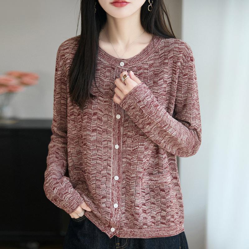 

Весенне-осенний трикотажный свитер нового стиля, трикотажный кардиган с круглым вырезом, женский топ с длинными рукавами и цветными блоками M фуксия