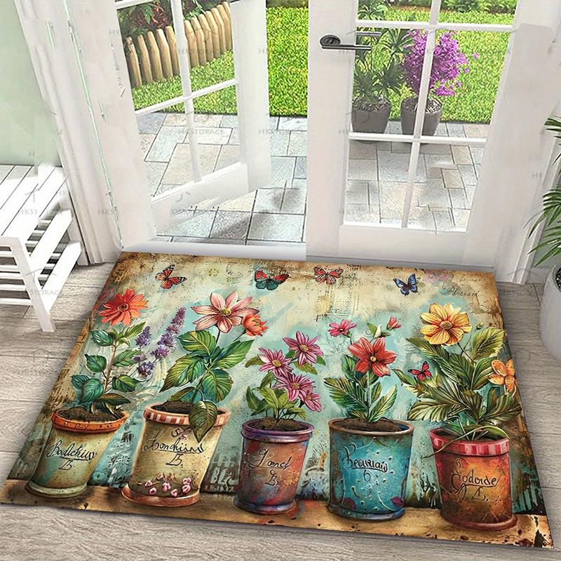 

Vintage Garden Potted Flower Rug Watercolor Botanical Doormat NonSlip Easy Clean Carpet for Living Room Bedroom Pet Friendly 40X60cm
