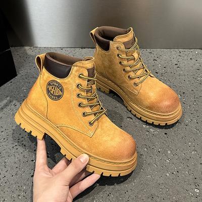 Inner Heightening Martin Boots Women's Spring and Autumn New Leather Breathable Retro Mountaineering Rhubarb Boots Platform Short Boots Summer