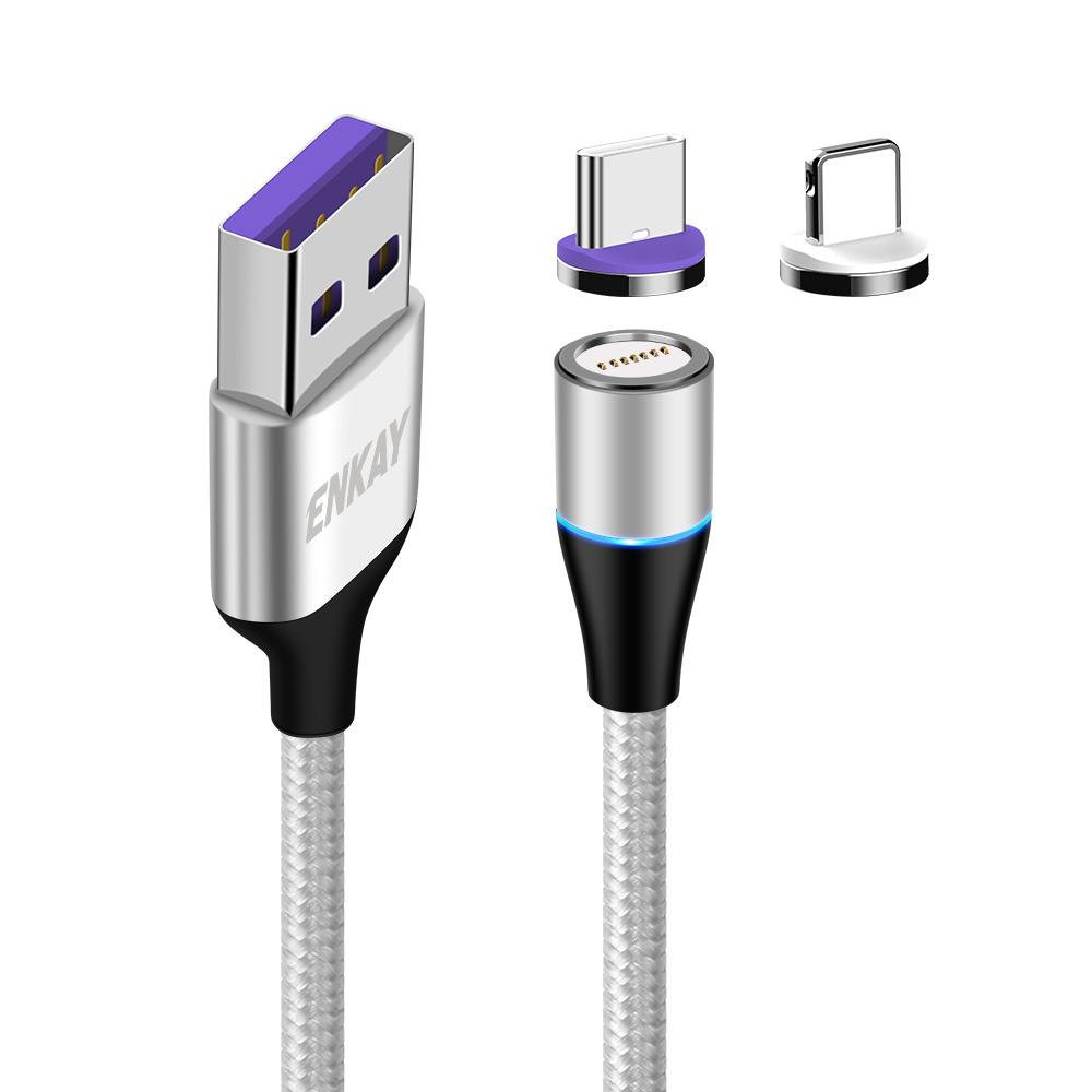 

ENKAY HAT PRINCE 1m 5A Fast Charging Magnetic Data Cable 2-in-1 USB to 8-Pin+Type-C Cord Silver