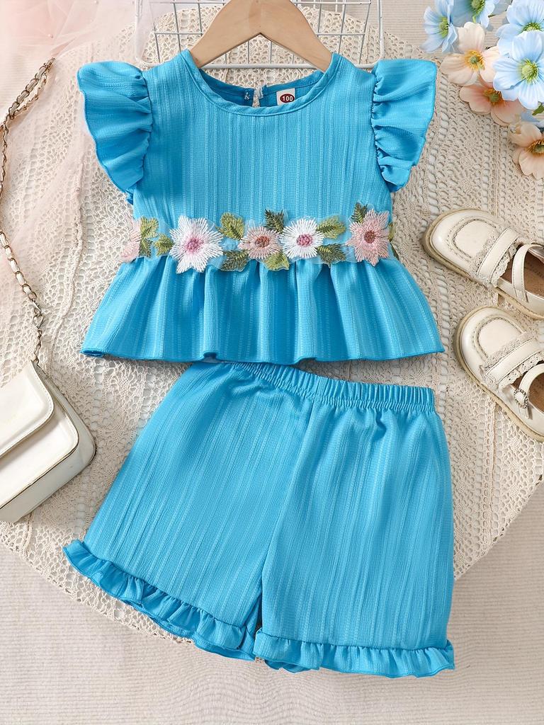 European-American Style Summer Girl's Floral Embroidery Sleeveless Top & Shorts Set