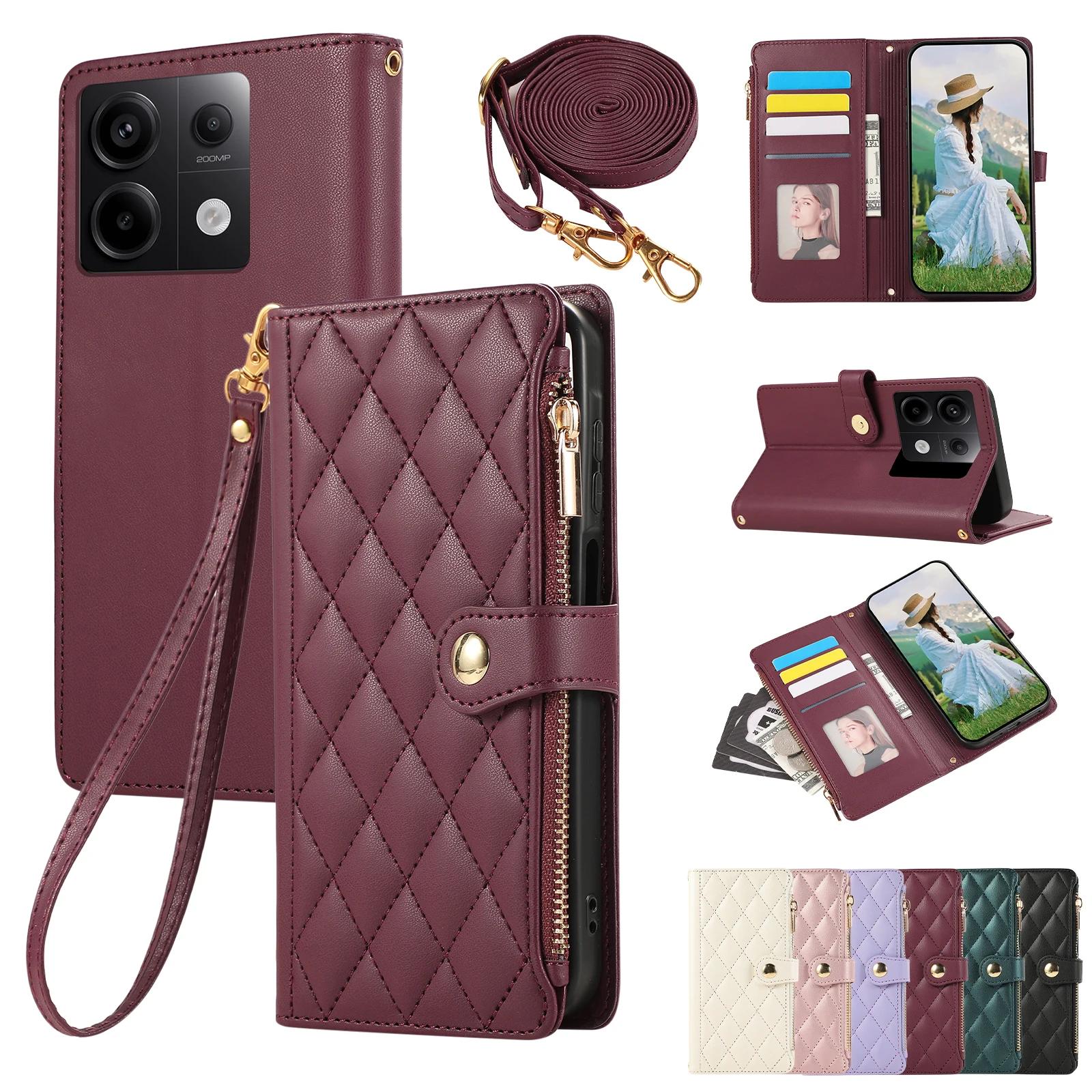 

Crossbody Zipper Wallet Leather Case For Xiaomi Redmi Note 13 Pro Plus 12 11 13C 13T Poco M6 X6 X5 Lanyard Purse Diamond Cover For Poco M6 5G темно-червоний колір