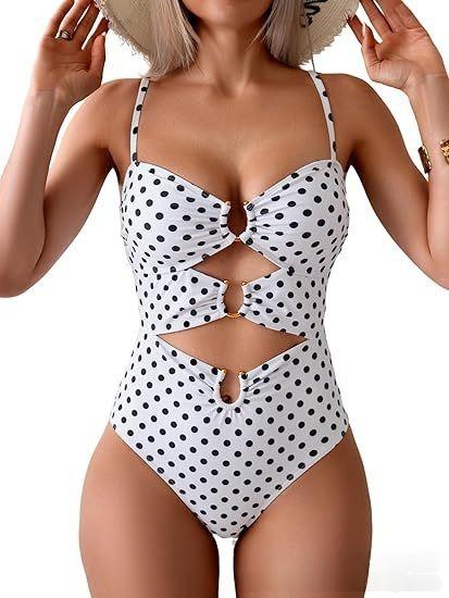 European and American swimsuit women's sexy splicing metal buckle hollow one-piece swimsuit hot spring vacation swimsuit women