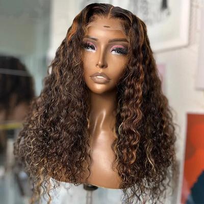 Loose Curly Synthetic Lace Front Wig 180% Density  Gold Mix Dark Brown Heat Resistant Fiber Pre Plucked For Women