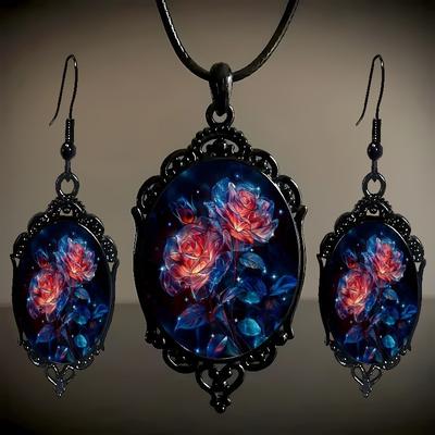 Floral Pendant Necklace and Earrings Set Vintage Style Oval Frame Resin Cabochon Jewelry Three Piece Set for Women
