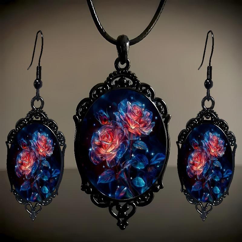 Flower Pattern Black Frame Glass Pendant Earrings, Necklace Set