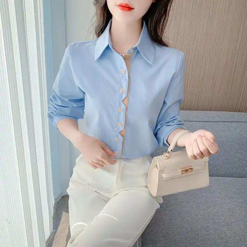 

Women s Cropped Shirt 3/4 Sleeve Button-Up Lapel Casual Blouse S синий