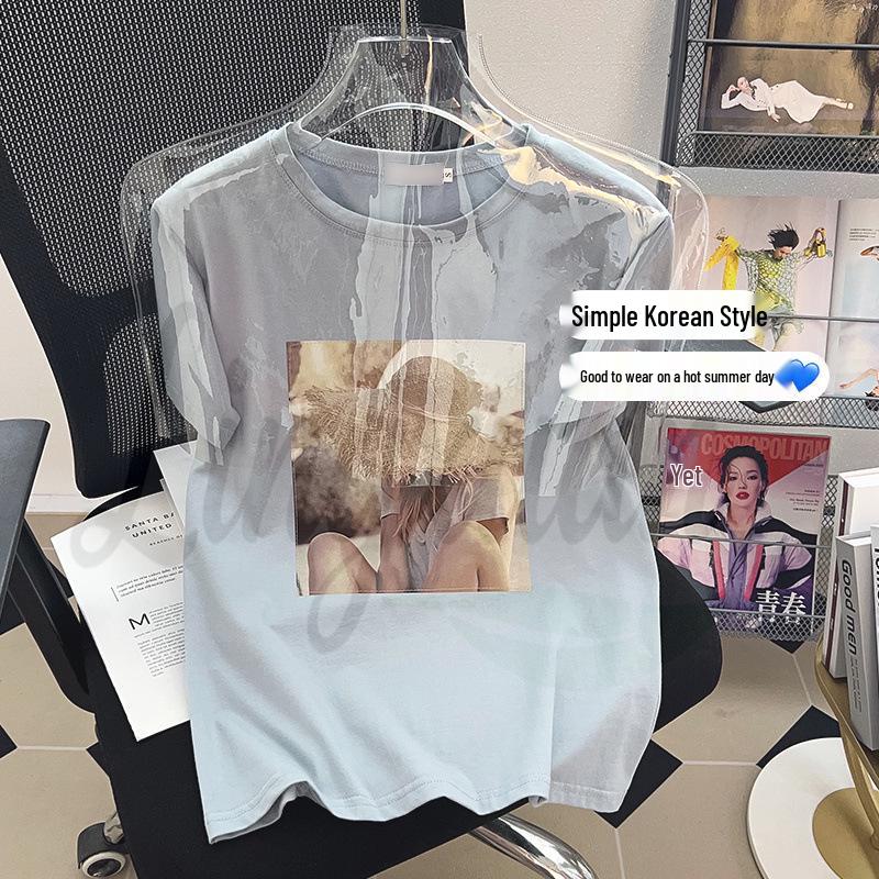 Women s Chic Korean Short-Sleeve Patch T-Shirt - Trendy Summer Design Large синий