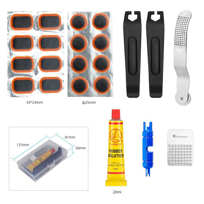

Портативный набор инструментов для обслуживания велосипедной камеры, заплатки для холодного ремонта, качественный клей, насадка Schrader Presta, абразивный напильник, шиномонтажный рычаг