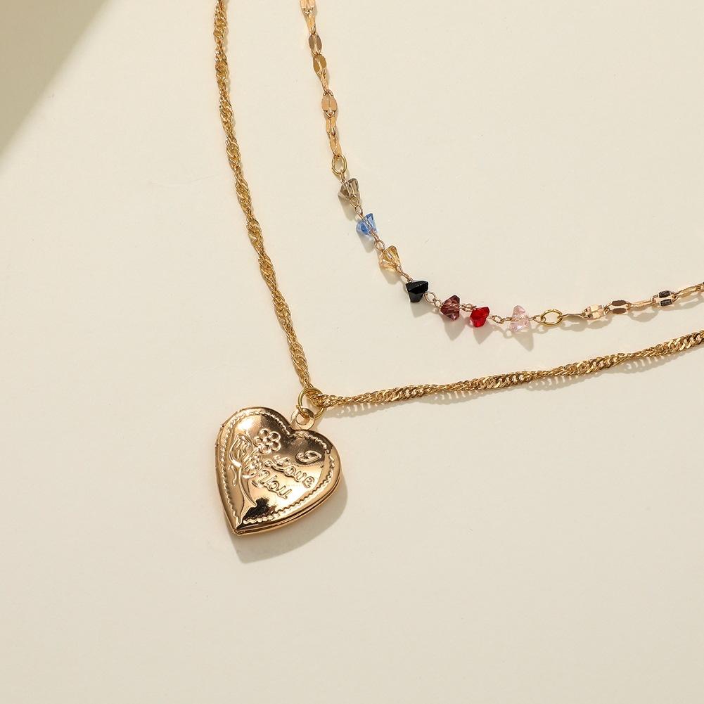 2 Pcs/set Women's Necklace Alloy Love Heart Shape Pendant Metal Color Diamond Clavicle Necklace