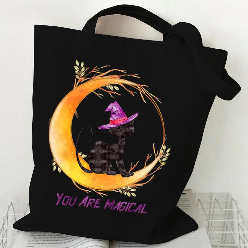 Cat Tote Bag Gothic Black Cat Shopper Halloween Party Gift Shopping Bag Spooky Seasonal Fun Animal Women's Tote Bag