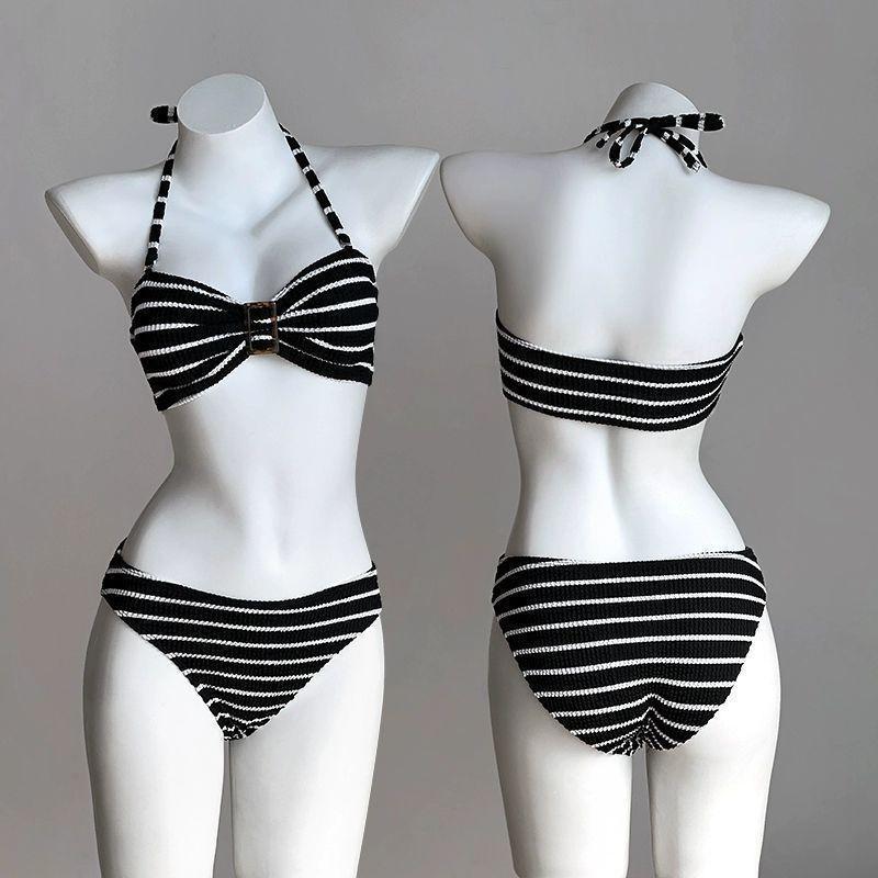 

Черно-белый полосатый купальник бикини с сетчатой накидкой | Сексуальный раздельный купальник для женщин M (47-53kg)