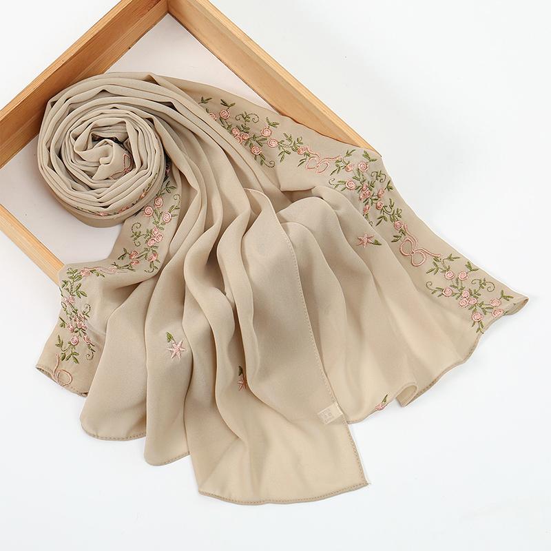 

Ramadan Floral Embroidery Chiffon Scarf for Women Muslim Hijab Plain Premium Femme Headscarf Shawl Wrap Islamic Turban Bandana 170x70 CM