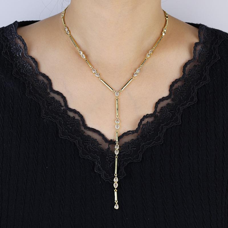 New Special Water Drop Bling Oval CZ Choker Necklace Gold Plated Lariat Long Bar Tear Drop Y Shape Long Tassel Women Jewelry Set