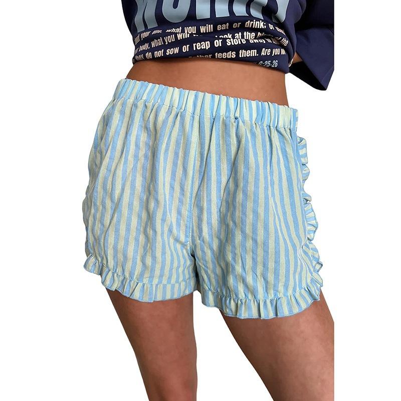 Women's High Waist Elastic Waist Shorts Straight Leg Striped Ruffle Hem Casual Lounge Shorts