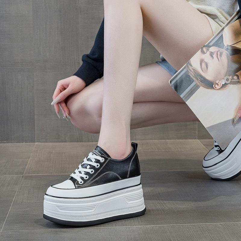 Modne 12CM Czarne Modne Buty Kobiety Wysokie Trampki Kobiety Platforma Botki Do Kostki Koszyk Femme Buty Damskie Buty Podwyższające