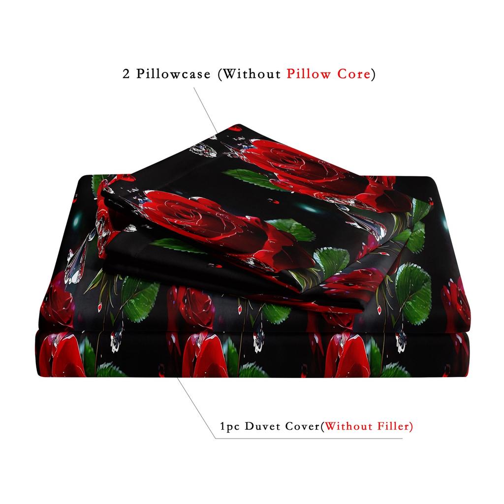 3Pcs Vibrant Red Rose with Crystal Duvet Cover Set, Black Floral Print Bedding, Ultra Soft Wrinkle Resistant Microfiber Bedding