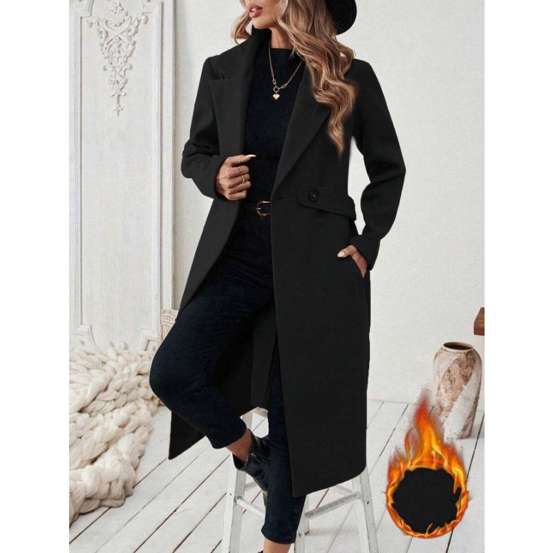 Women Long Lapel Thick Woolen Coat Slim Fit Winter Outerwear