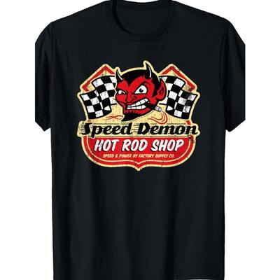 SD002 Vintage Car Graphic T-Shirt from Speed Demon Hot Rod Shop - Black Casual Short Sleeve Tee Featuring a Devil And Checkered
