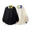 Men's Oversized Color Block Collar Long Sleeve Polo Shirt, Drawstring Hem Casual Top with Contrast Buttons, Streetwear Sweatshirt