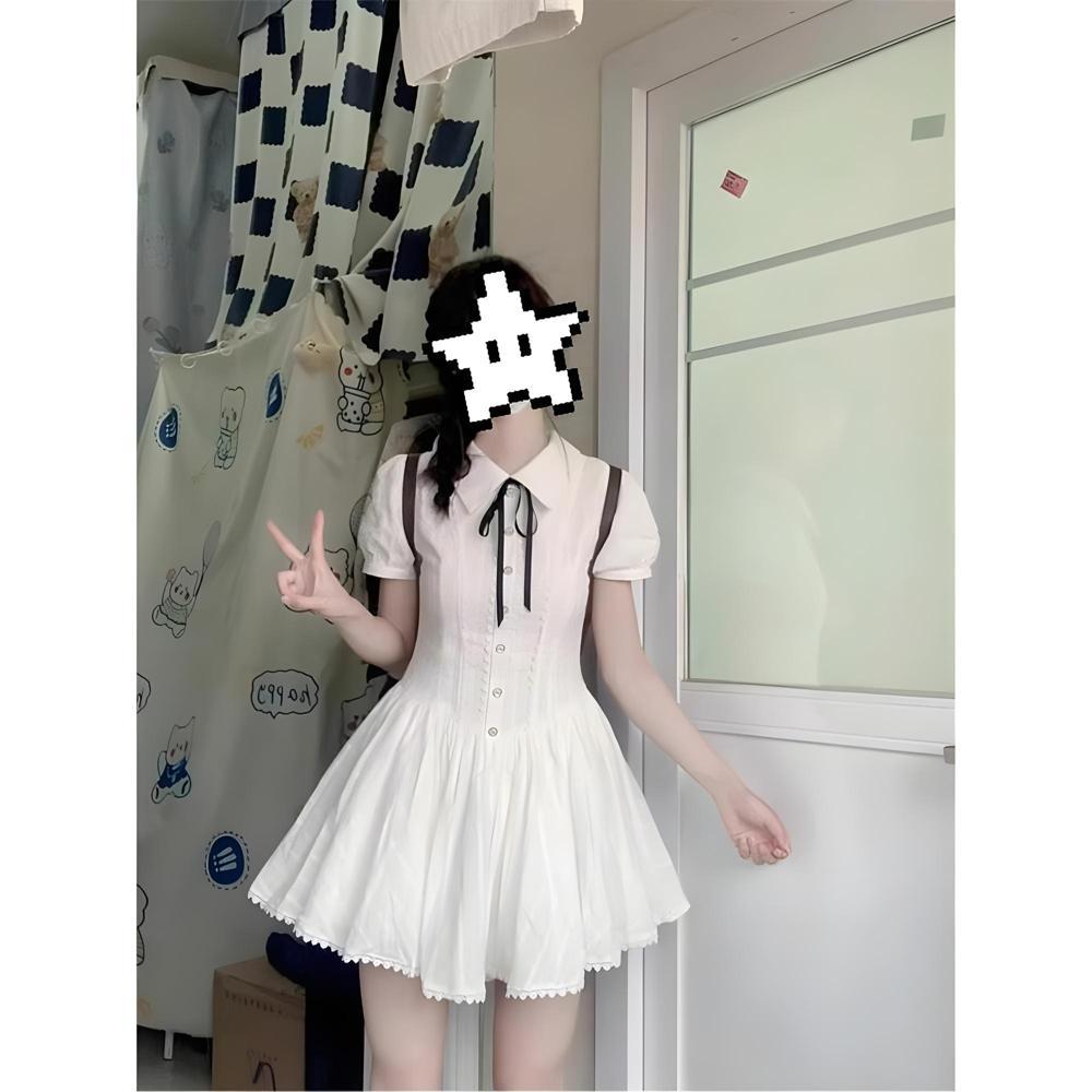Preppy style white puff sleeve shirt dress women's summer temperament waist small man sweet short skirt