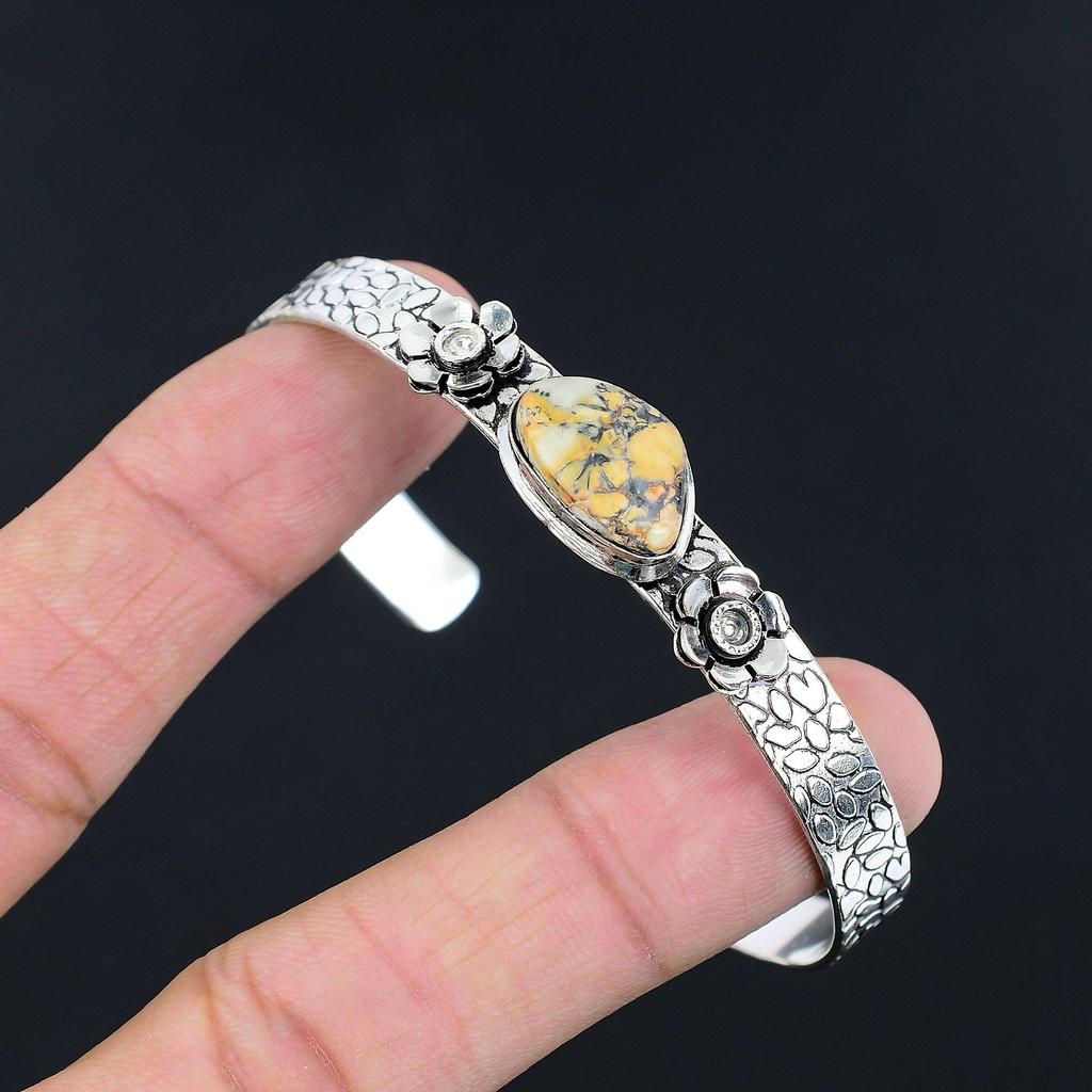 Natural Maligano Jasper Gemstone Bangle Flower Adjustable 925 Silver For Women