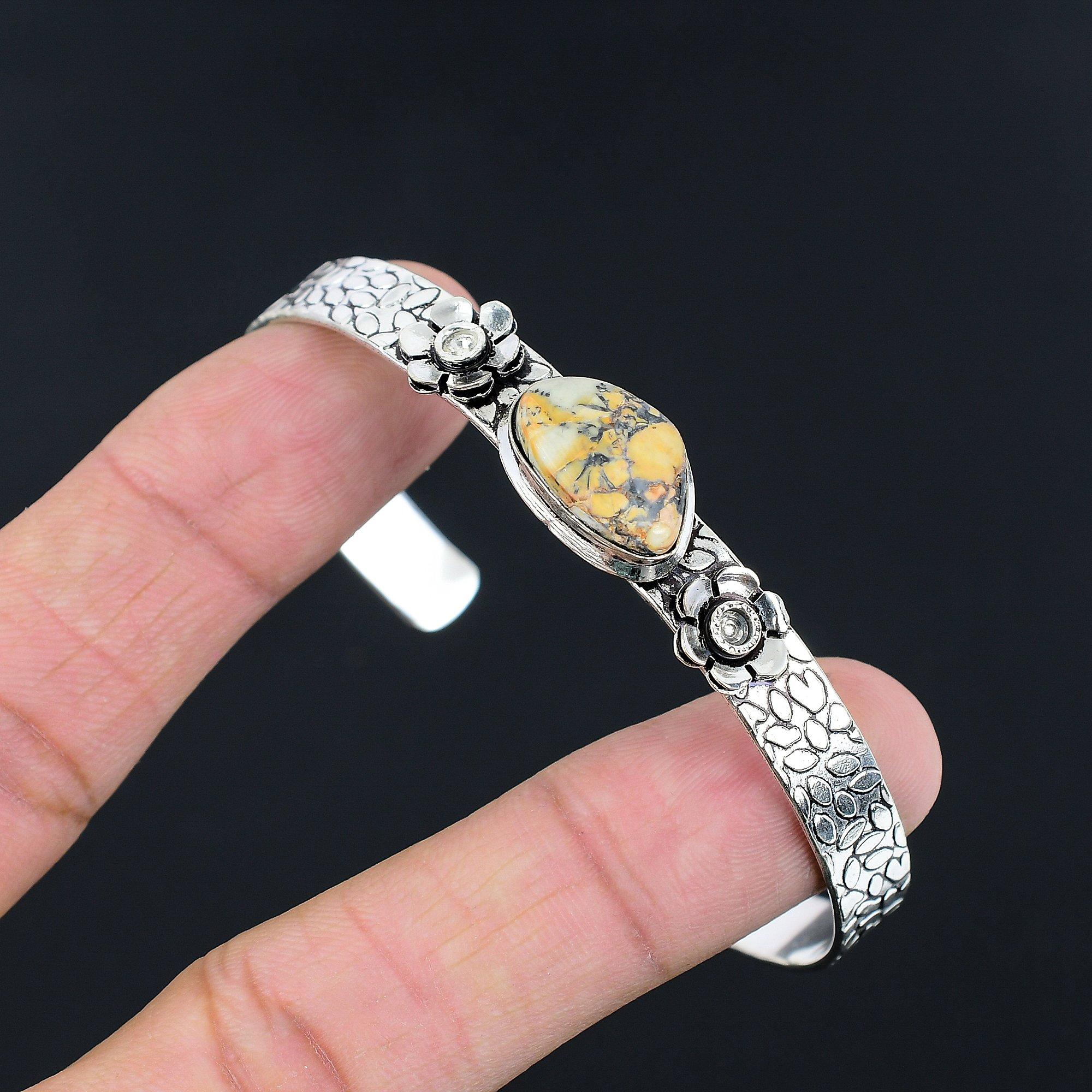 

Natural Maligano Jasper Gemstone Bangle Flower Adjustable 925 Silver For Women Adjustable