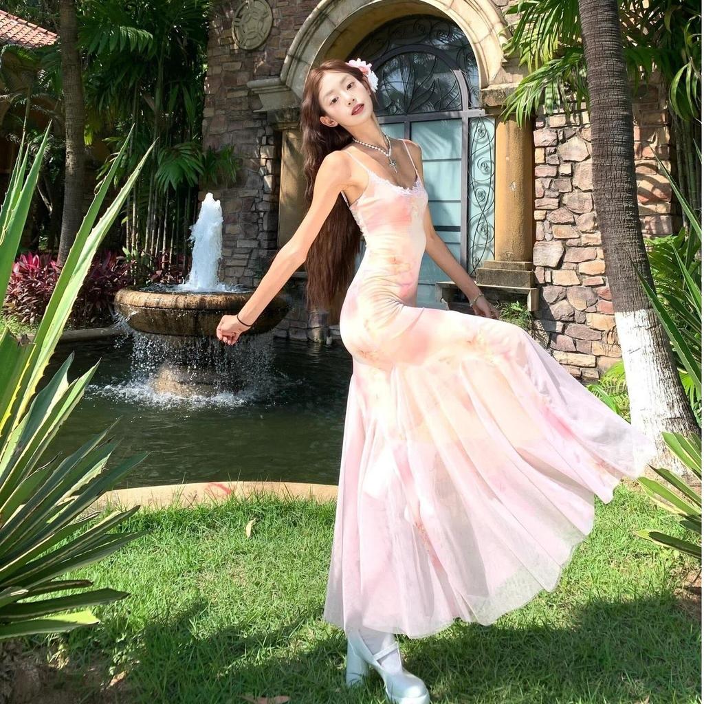 French Temperament Mesh Suspender Dress Slim Seaside Waist Fishtail Vacation Floral Fresh Long Dress Summer